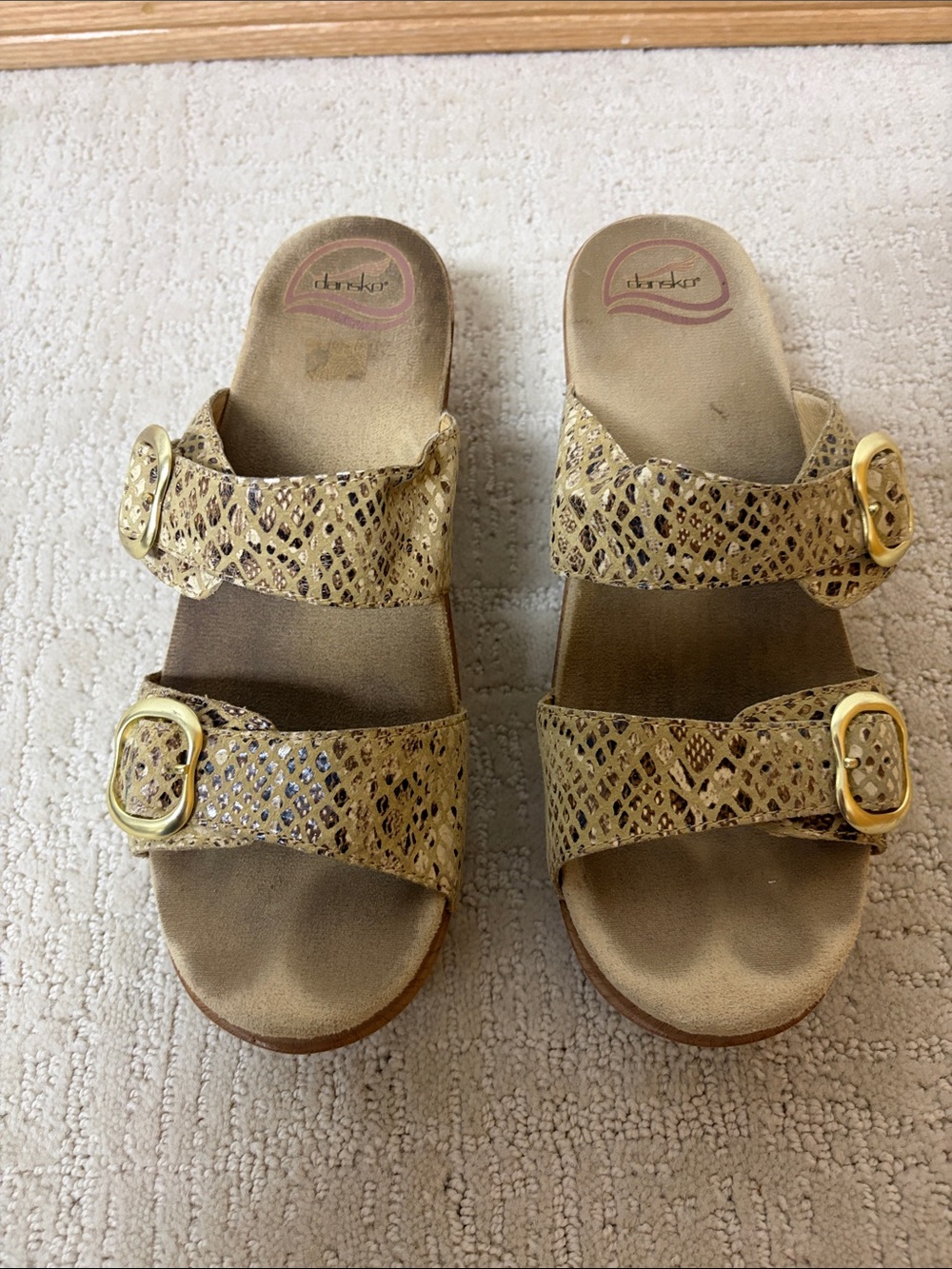 Dansko Metallic Gold Snake-Print Double Buckle Sandals women’s size 39